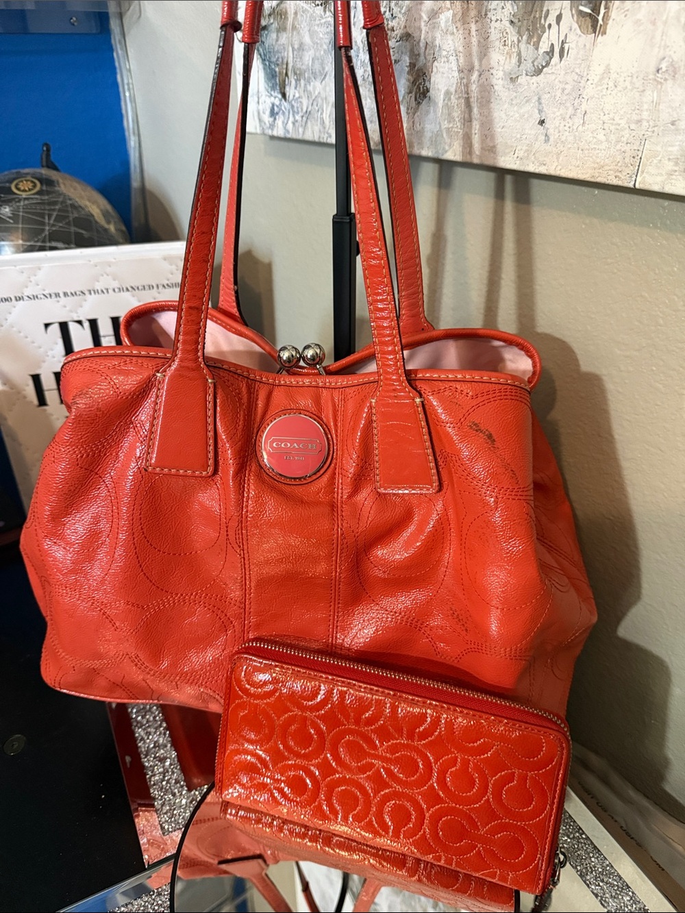 Coach Orange Leather Shoulder Satchel with Matching Wallet Set